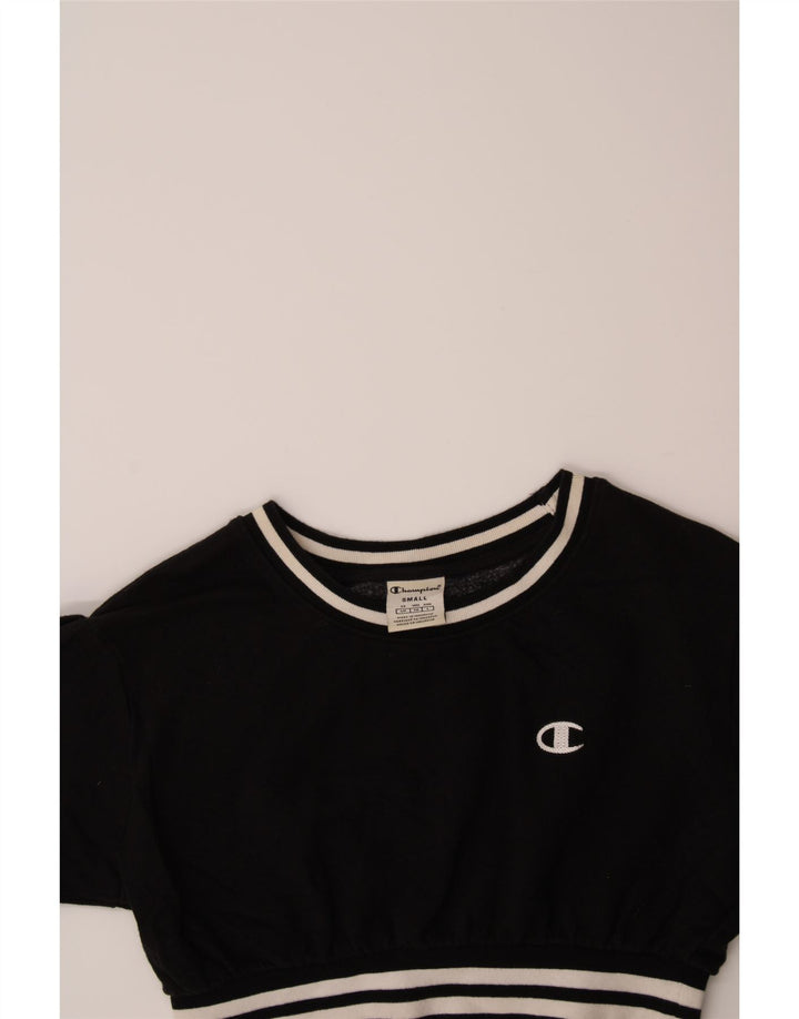 CHAMPION Womens Crop Short Sleeve Sweatshirt Jumper UK 8 Small Black Vintage Champion and Second-Hand Champion from Messina Hembry 