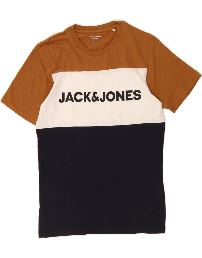 JACK & JONES Mens Graphic T-Shirt Top Small Brown Colourblock Cotton Vintage Jack & Jones and Second-Hand Jack & Jones from Messina Hembry 