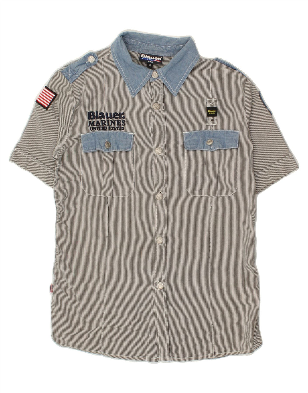 BLAUER Boys Graphic Short Sleeve Shirt 13-14 Years Grey Striped Cotton Vintage Blauer and Second-Hand Blauer from Messina Hembry 