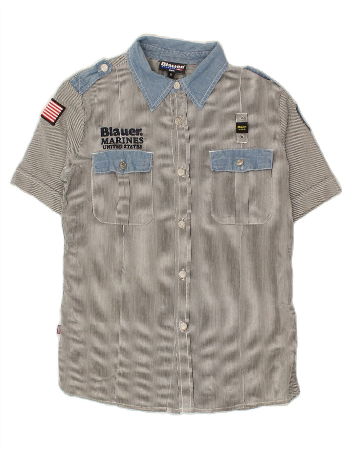 BLAUER Boys Graphic Short Sleeve Shirt 13-14 Years Grey Striped Cotton Vintage Blauer and Second-Hand Blauer from Messina Hembry 