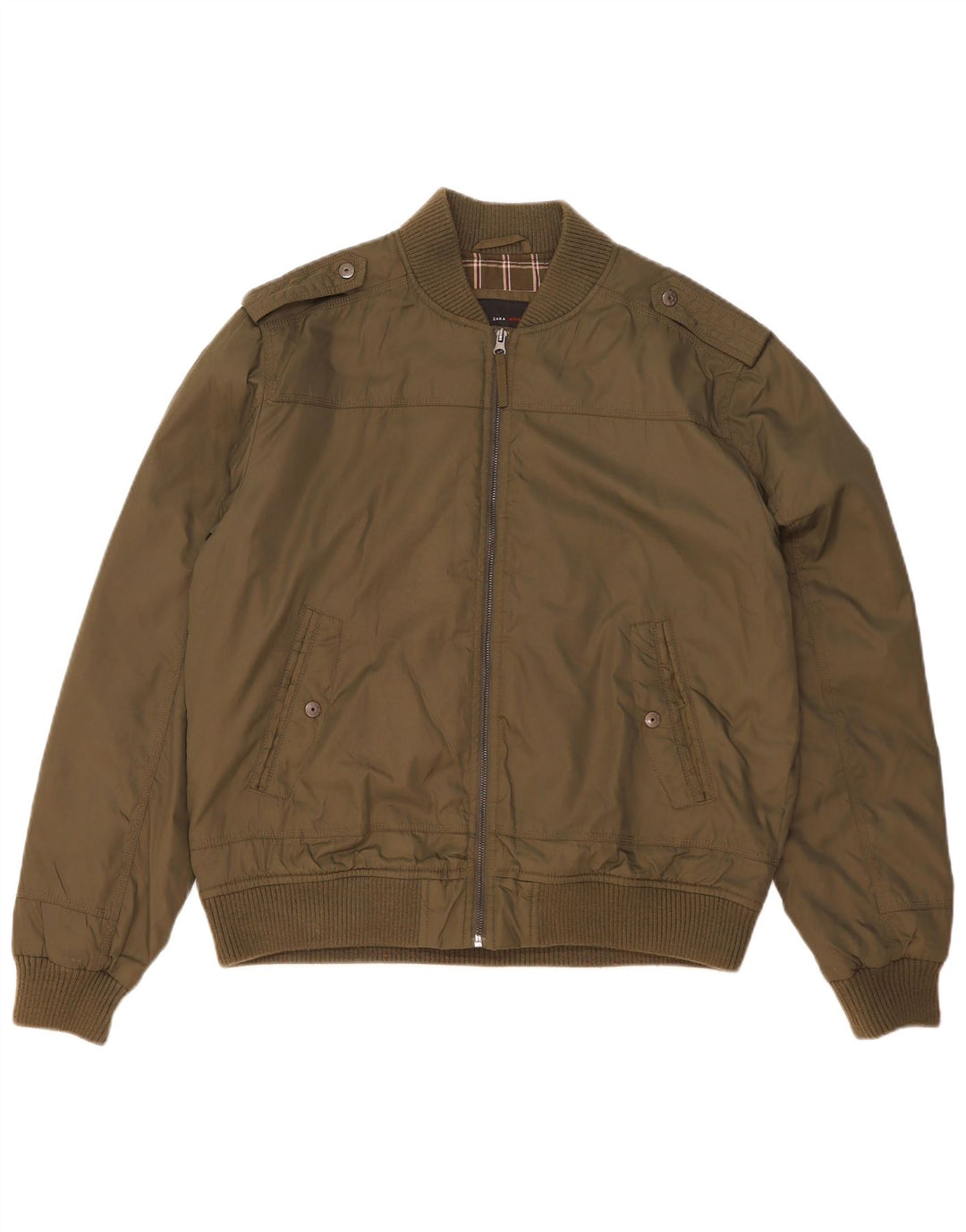 Zara Mens Military Bomber Jacket UK 42 XL Khaki Nylon
