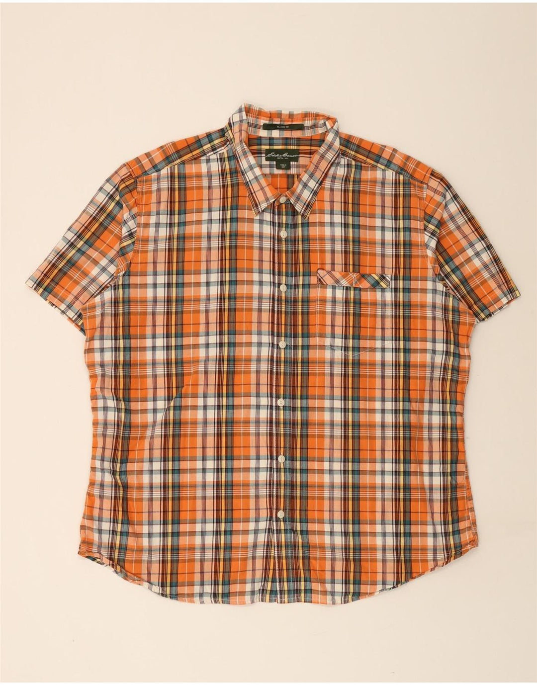 EDDIE BAUER Mens Short Sleeve Shirt 2XL Orange Check Cotton
