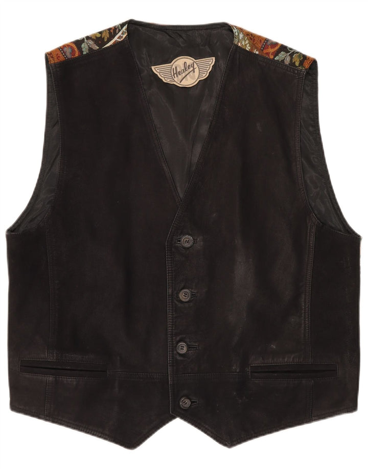 Vintage Mens Leather Waistcoat Large Black Patchwork
