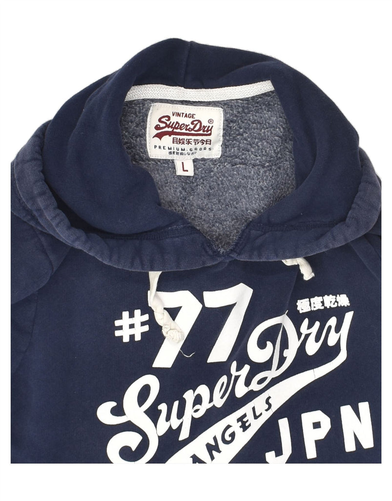 SUPERDRY Womens Graphic Hoodie Jumper UK 14 Large Navy Blue Cotton | Vintage Superdry | Thrift | Second-Hand Superdry | Used Clothing | Messina Hembry 