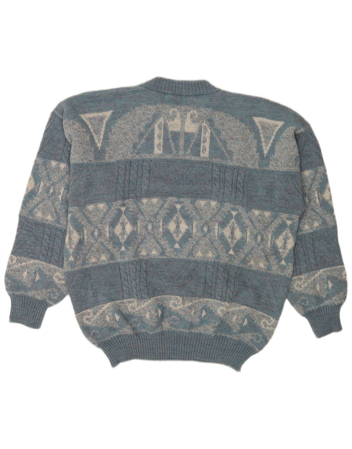 Vintage Mens Crew Neck Jumper Sweater Large Blue Geometric Acrylic