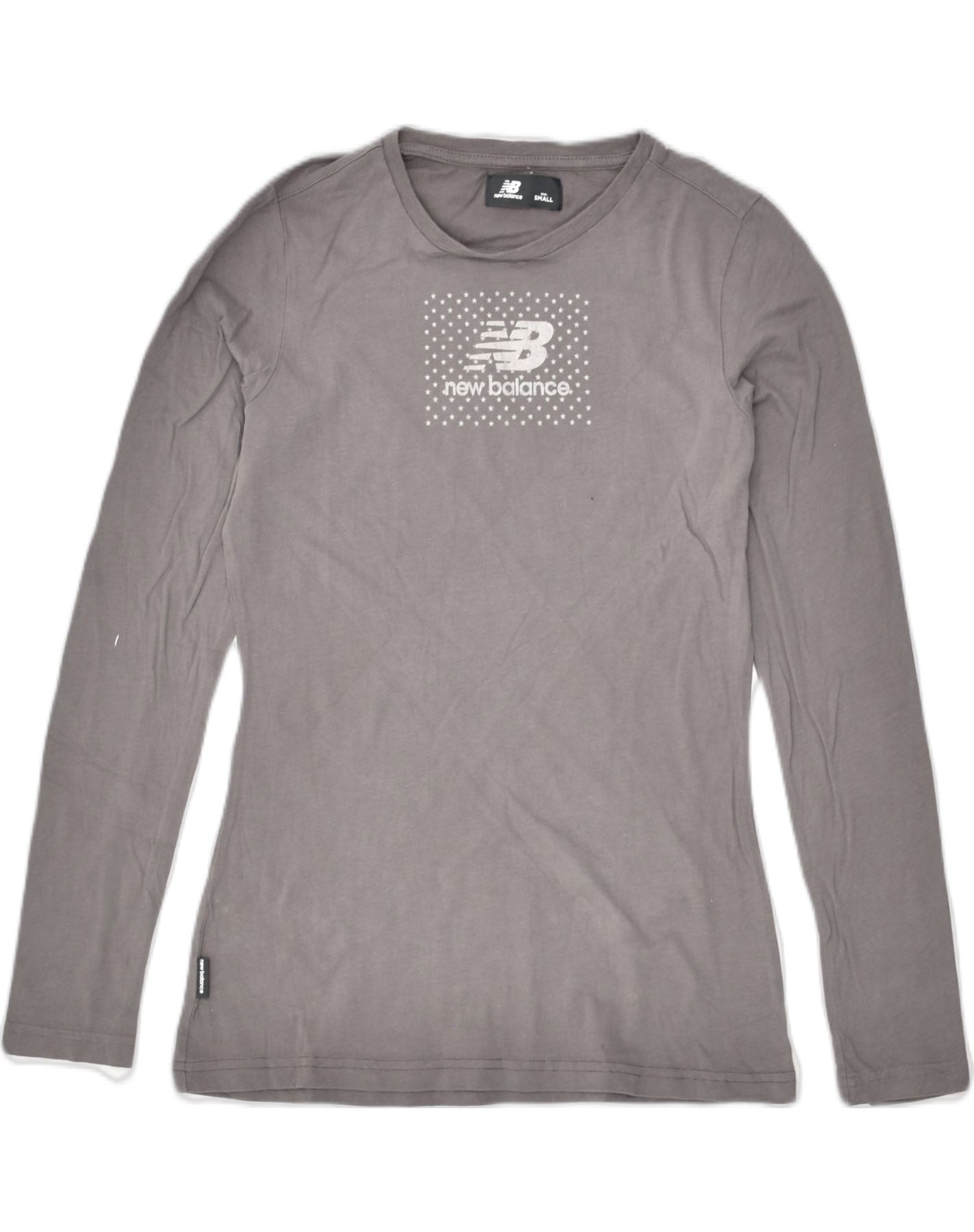 NEW BALANCE Womens Graphic Top Long Sleeve UK 10 Small Grey Cotton