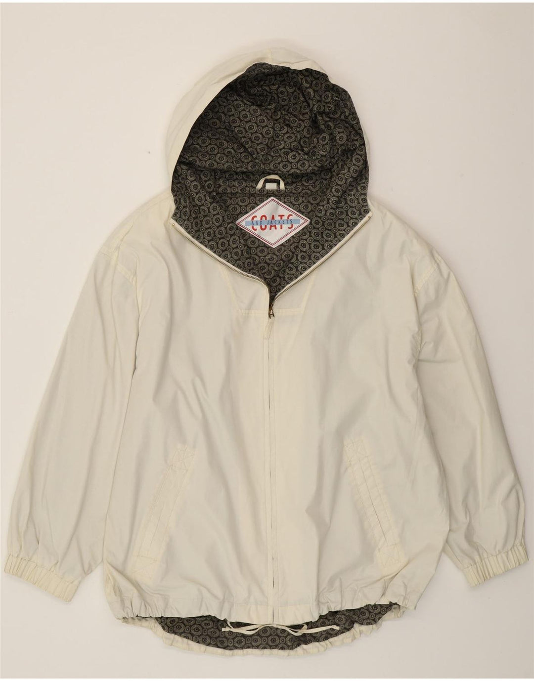 VINTAGE Mens Graphic Hooded Rain Jacket UK 42 XL Off White Polyester
