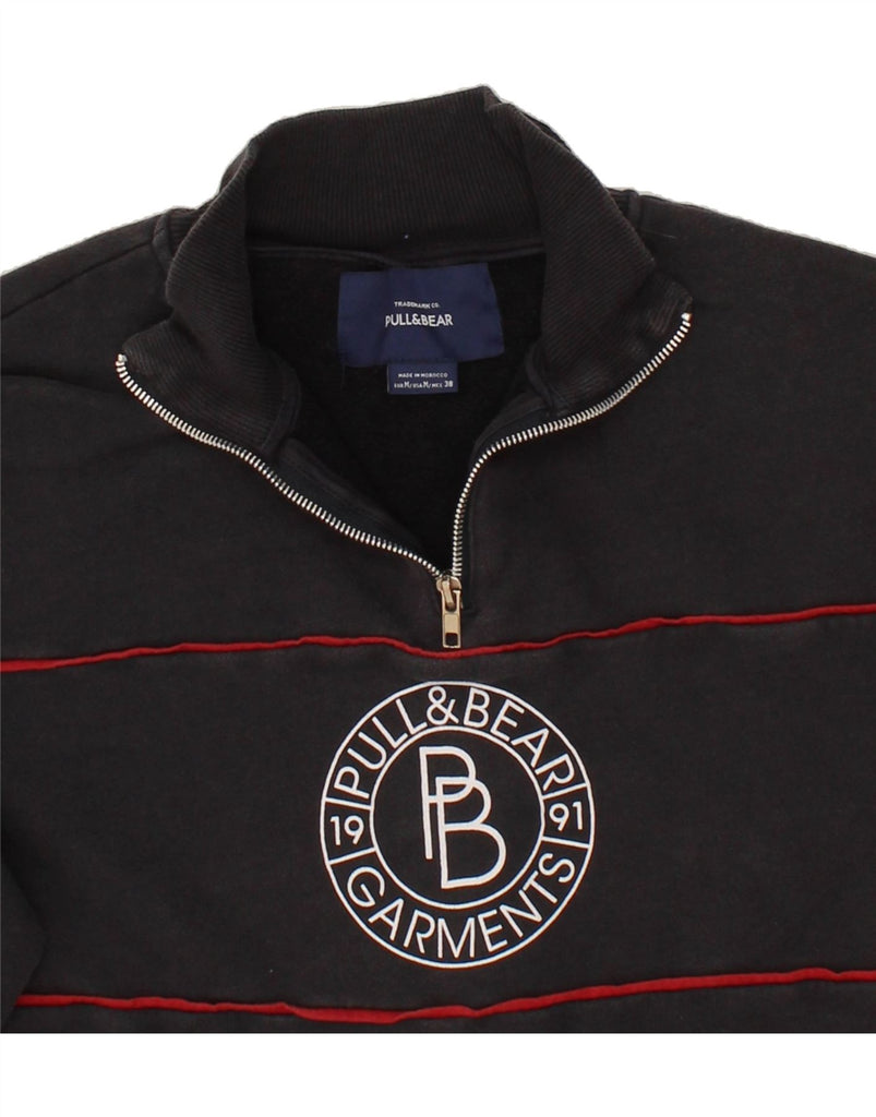 PULL & BEAR Womens Graphic Zip Neck Sweatshirt Jumper UK 14 Medium Black Vintage Pull & Bear and Second-Hand Pull & Bear from Messina Hembry 