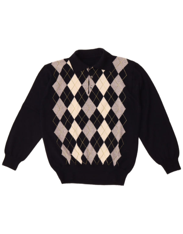Vintage Mens Polo Neck Jumper Sweater Medium Navy Blue Argyle/Diamond