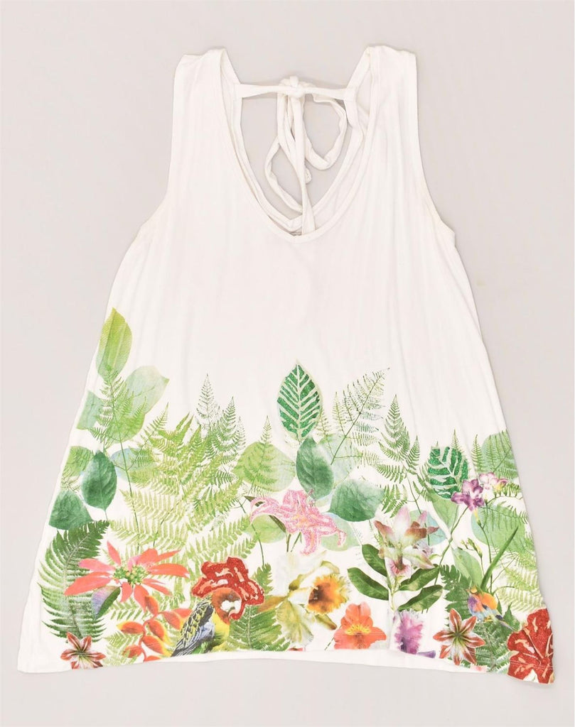 DESIGUAL Womens Graphic Vest Top UK 12 Medium White Floral Modal | Vintage Desigual | Thrift | Second-Hand Desigual | Used Clothing | Messina Hembry 