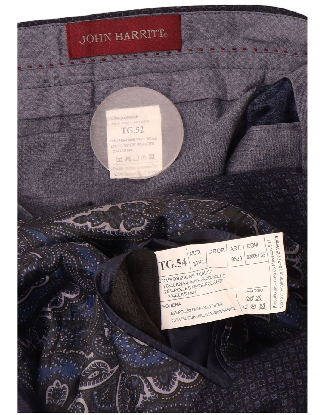 John Barritt Mens 2 Piece Suit IT 52/54 XL W36 L31 Navy Blue Geometric