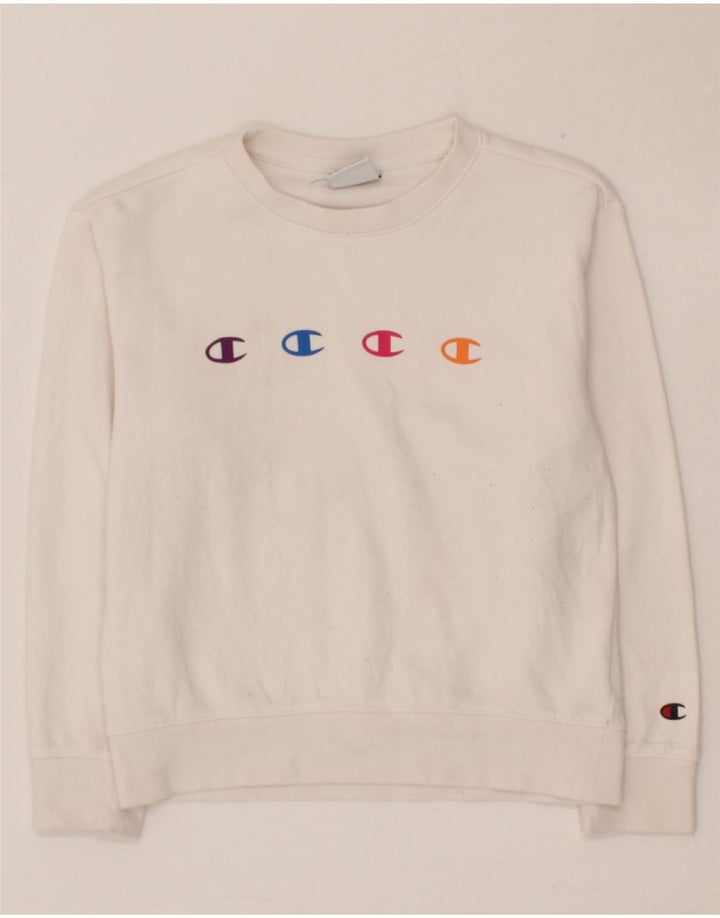 CHAMPION Girls Graphic Sweatshirt Jumper 9-10 Years Medium White Cotton Vintage Champion and Second-Hand Champion from Messina Hembry 
