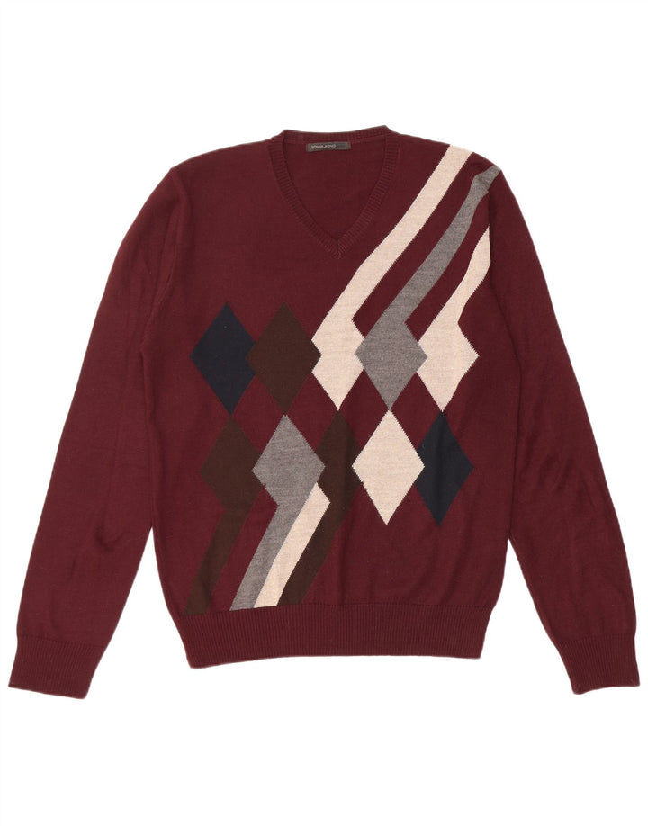 Sonny Bono Mens V-Neck Jumper Sweater Medium Burgundy Argyle/Diamond Wool