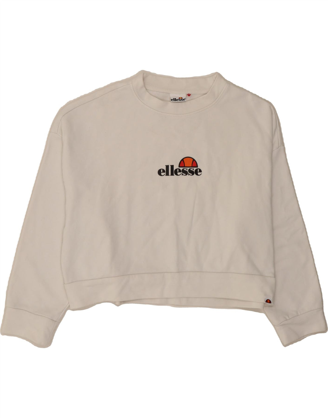 ELLESSE Womens Oversized Crop Graphic Sweatshirt Jumper UK 6 XS White Vintage Ellesse and Second-Hand Ellesse from Messina Hembry 