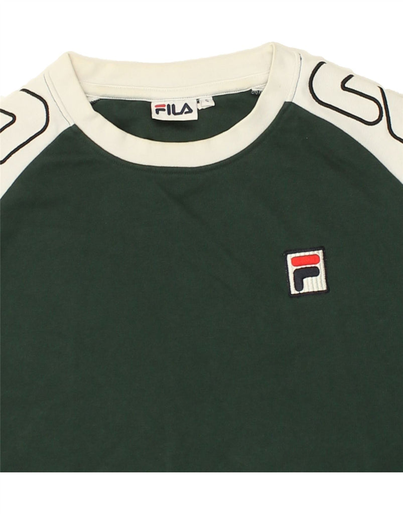 FILA Mens Graphic Sweatshirt Jumper Small Green Colourblock Cotton | Vintage Fila | Thrift | Second-Hand Fila | Used Clothing | Messina Hembry 