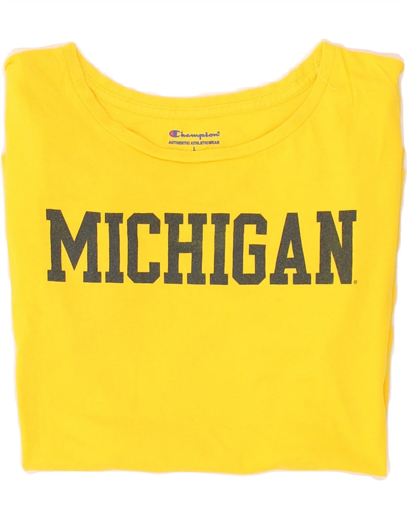 CHAMPION Mens Michigan Graphic T-Shirt Top Large Yellow Cotton | Vintage Champion | Thrift | Second-Hand Champion | Used Clothing | Messina Hembry 