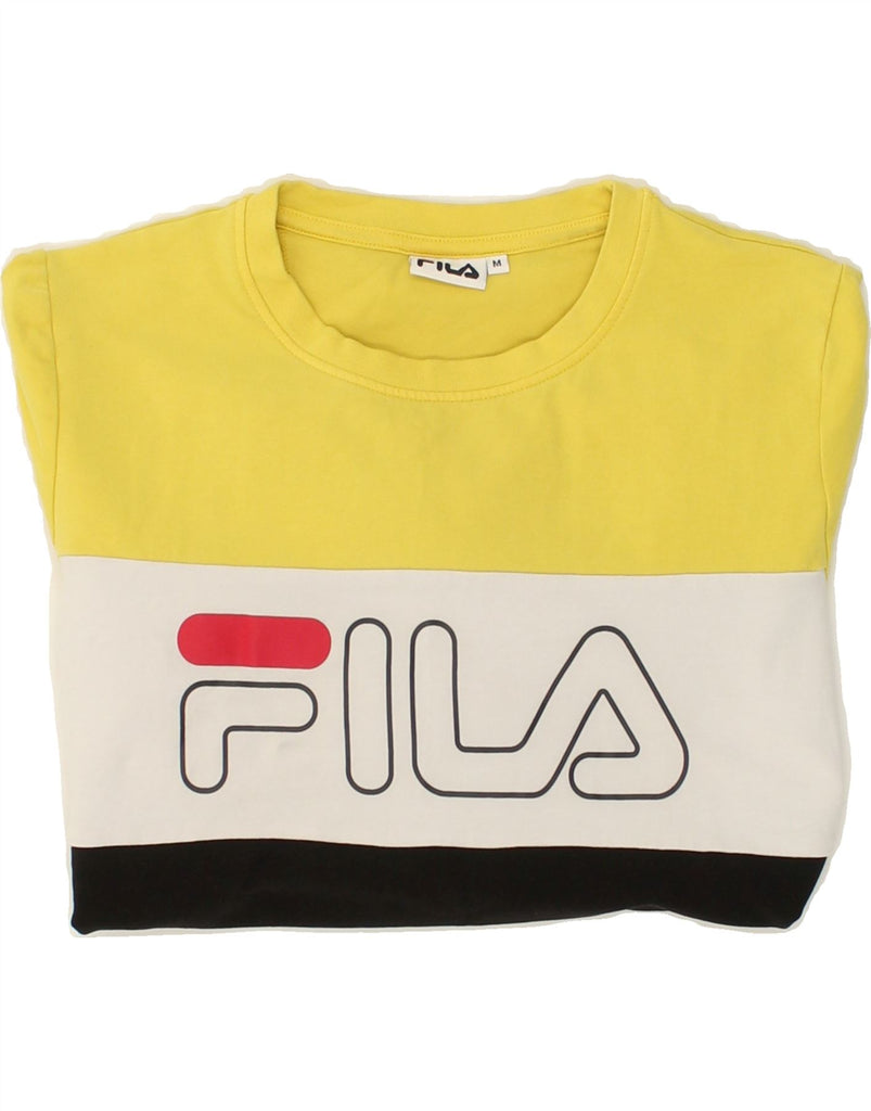 FILA Womens Graphic Sweatshirt Jumper UK 14 Medium Yellow Colourblock | Vintage Fila | Thrift | Second-Hand Fila | Used Clothing | Messina Hembry 