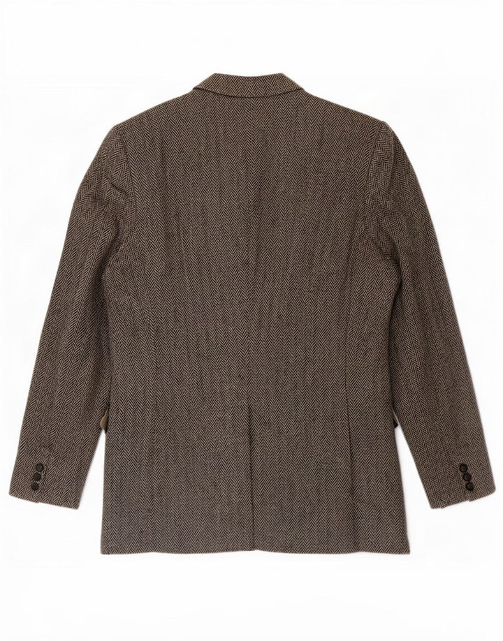 Harris Tweed Mens Long 2 Button Blazer Jacket Size 46 XL Grey Herringbone
