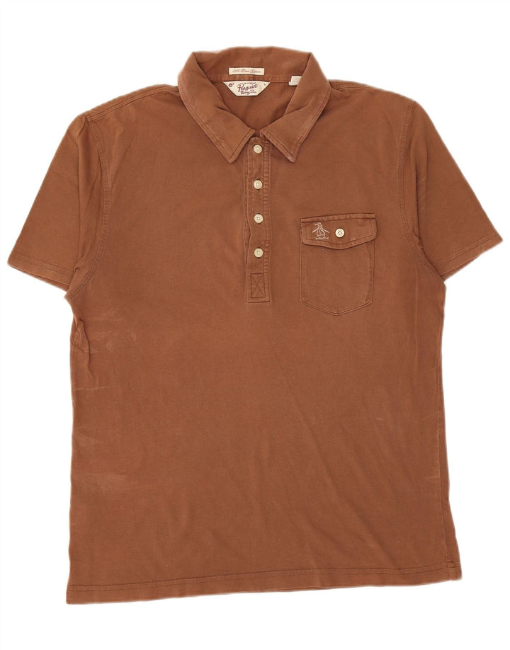 PENGUIN Mens Polo Shirt Large Brown Cotton