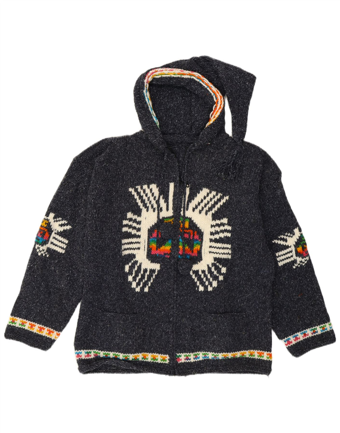 Vintage Womens Graphic Cardigan Sweater UK 14 Medium Navy Blue Ethnic