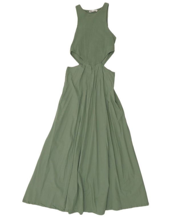 Zara Womens Cut Out Sleeveless Maxi Dress UK 8 Small Green Cotton