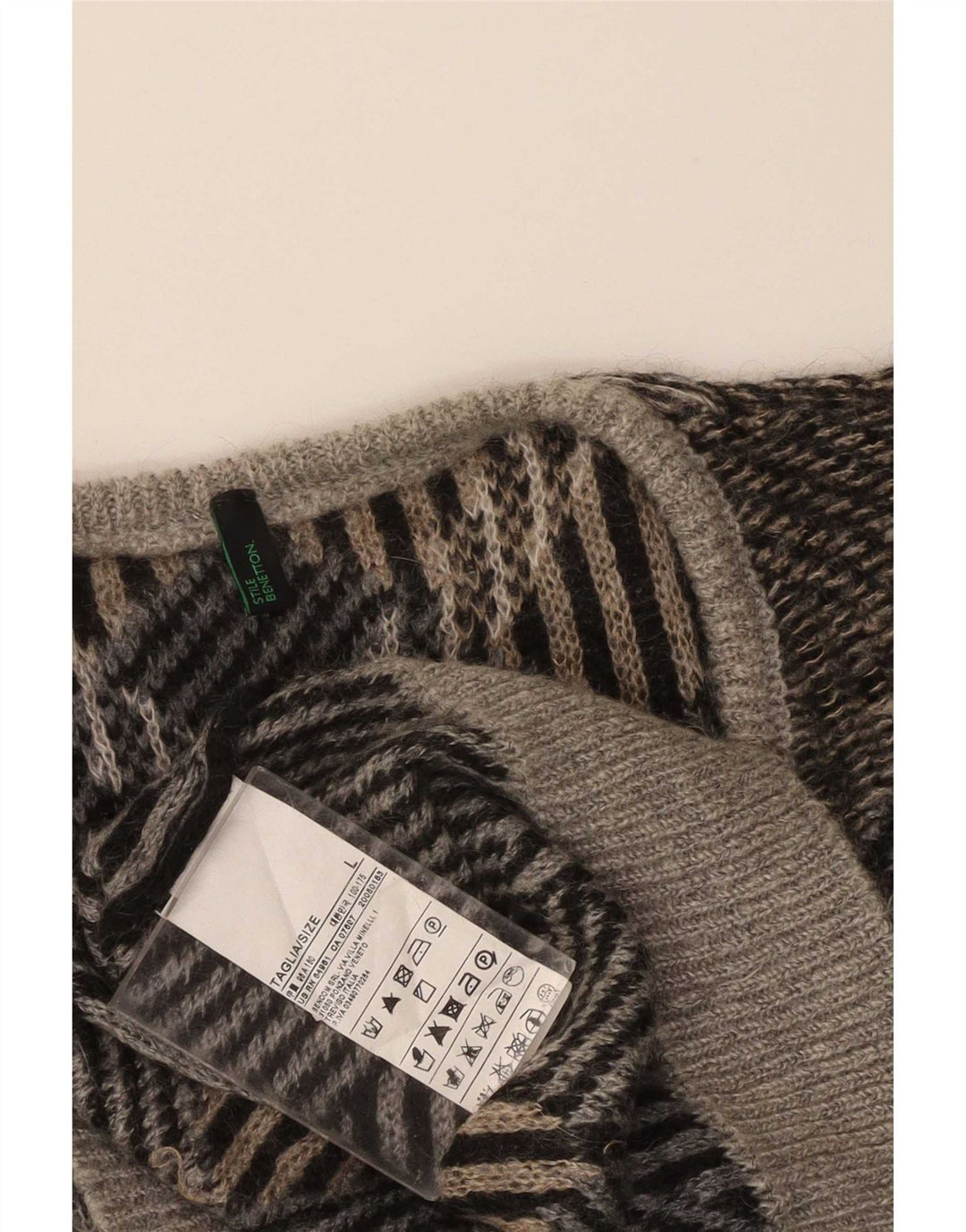 Benetton Mens V-Neck Jumper Sweater Large Brown Geometric Acrylic