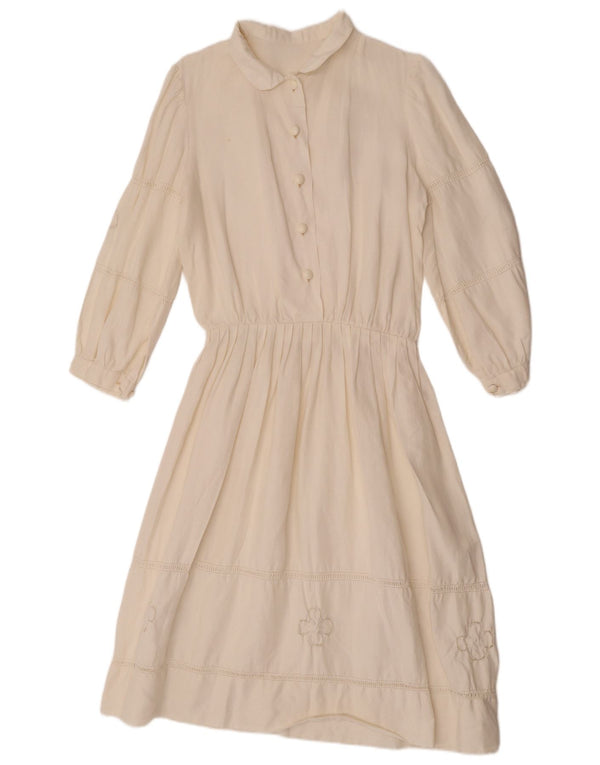 Vintage Womens 3/4 Sleeve A-Line Dress UK 12 Medium Off White Floral