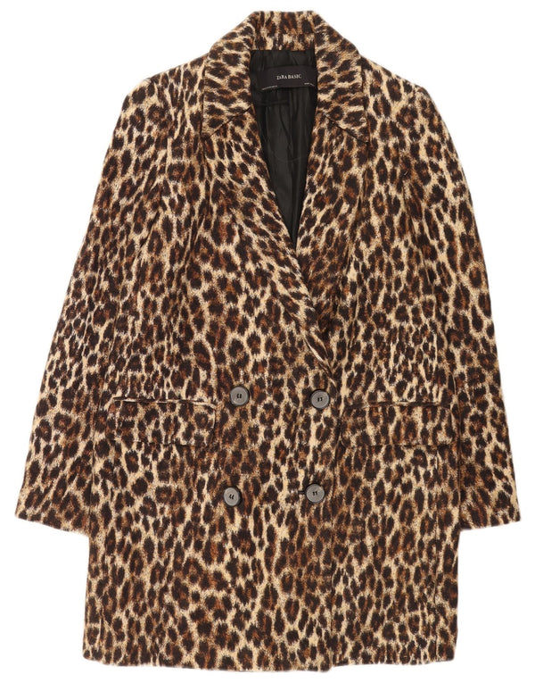 Zara Womens Double Breasted Coat UK 6 XS Brown Animal Print Acetate