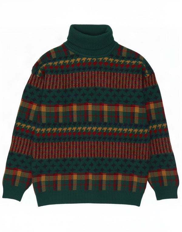 Vintage Mens Roll Neck Jumper Sweater Medium Green Striped