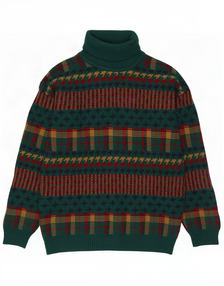 Vintage Mens Roll Neck Jumper Sweater Medium Green Striped
