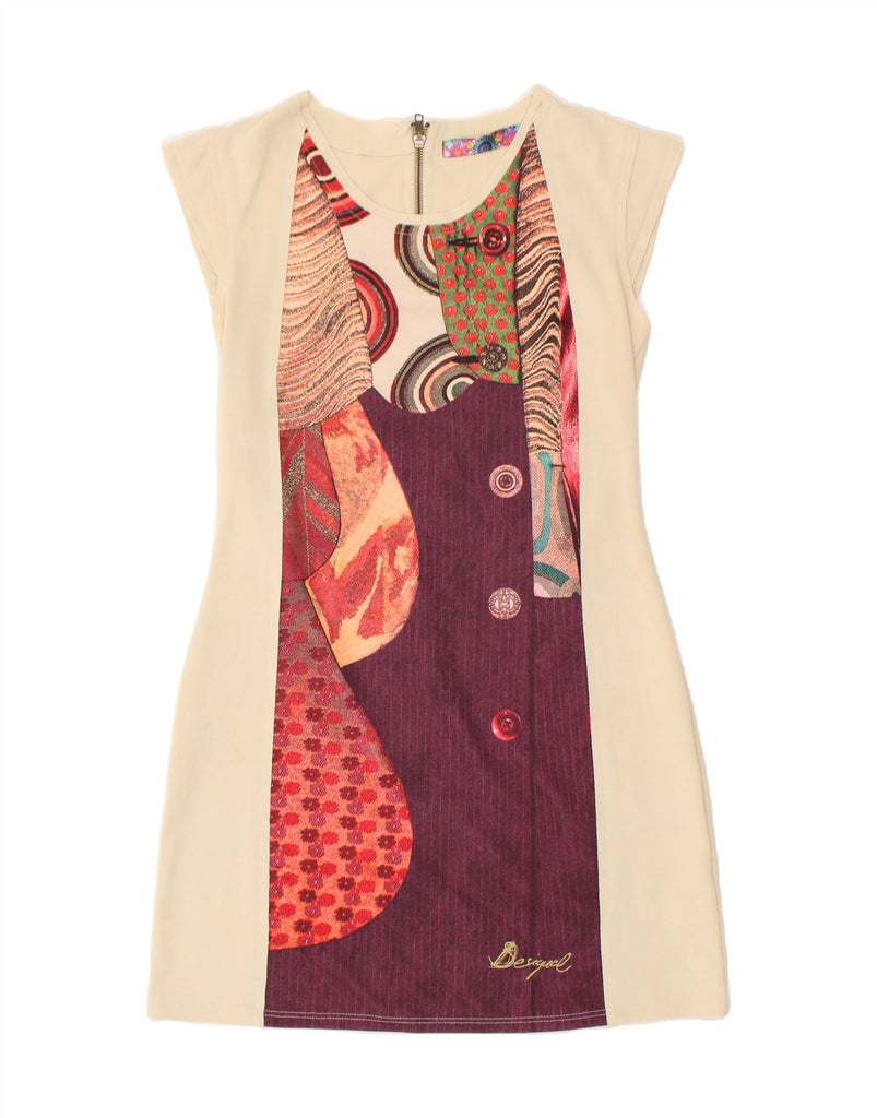 DESIGUAL Womens Sheath Dress UK 12 Medium Beige Patchwork Polyester | Vintage Desigual | Thrift | Second-Hand Desigual | Used Clothing | Messina Hembry 