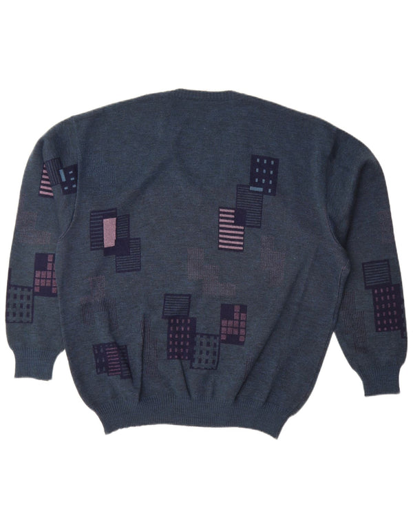 Vintage Mens V-Neck Jumper Sweater IT 52 Large Navy Blue Geometric