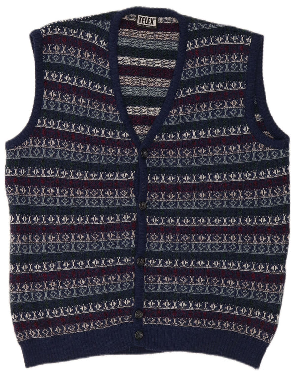 Vintage Mens Sleeveless Cardigan Sweater Large Navy Blue Fair Isle Cotton