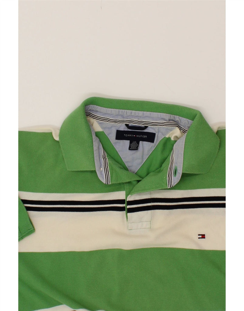 TOMMY HILFIGER Mens Polo Shirt Large Green Striped Vintage Tommy Hilfiger and Second-Hand Tommy Hilfiger from Messina Hembry 