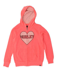 HURLEY Girls Graphic Zip Hoodie Sweater 13-14 Years XL Pink Cotton