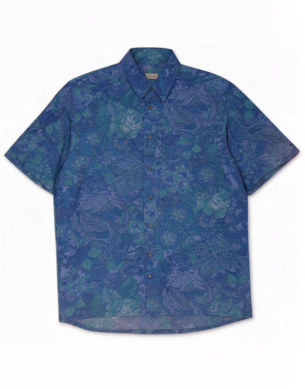 B.W. Moss Mens Short Sleeve Shirt Size 38/40 Medium Blue Floral