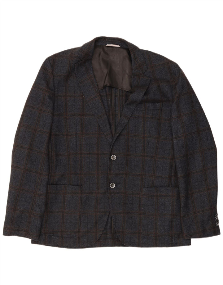 Hugo Boss Mens 2 Button Blazer Jacket EU 56 3XL Navy Blue Check Wool
