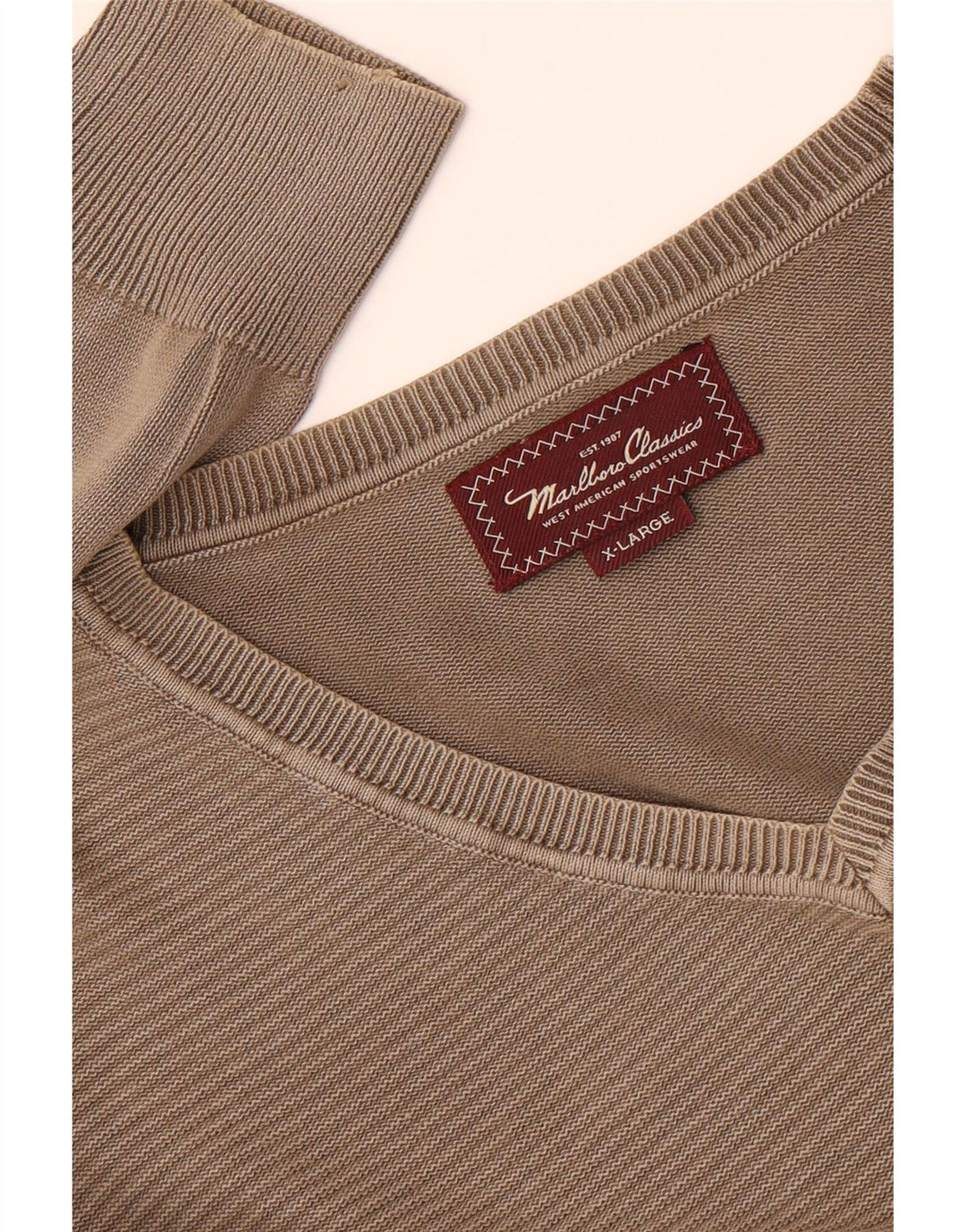 Marlboro Classics Mens V-Neck Jumper Sweater XL Khaki Striped