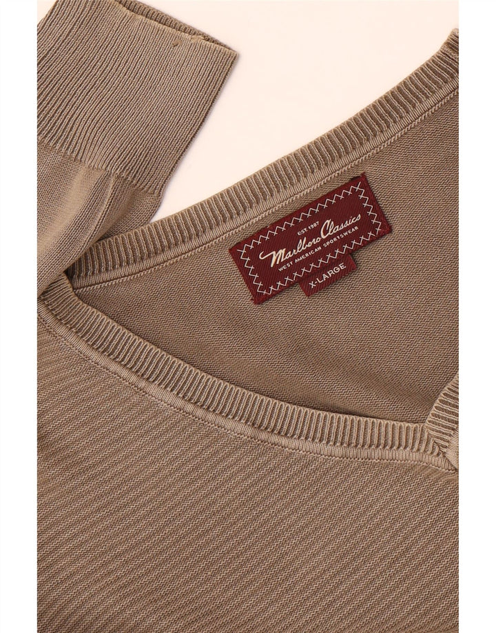 Marlboro Classics Mens V-Neck Jumper Sweater XL Khaki Striped