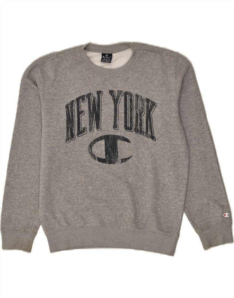 CHAMPION Mens New York Graphic Sweatshirt Jumper Medium Grey Polyester | Vintage Champion | Thrift | Second-Hand Champion | Used Clothing | Messina Hembry 