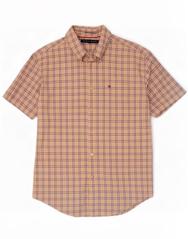 Tommy Hilfiger Mens Short Sleeve Shirt Large Beige Check Cotton