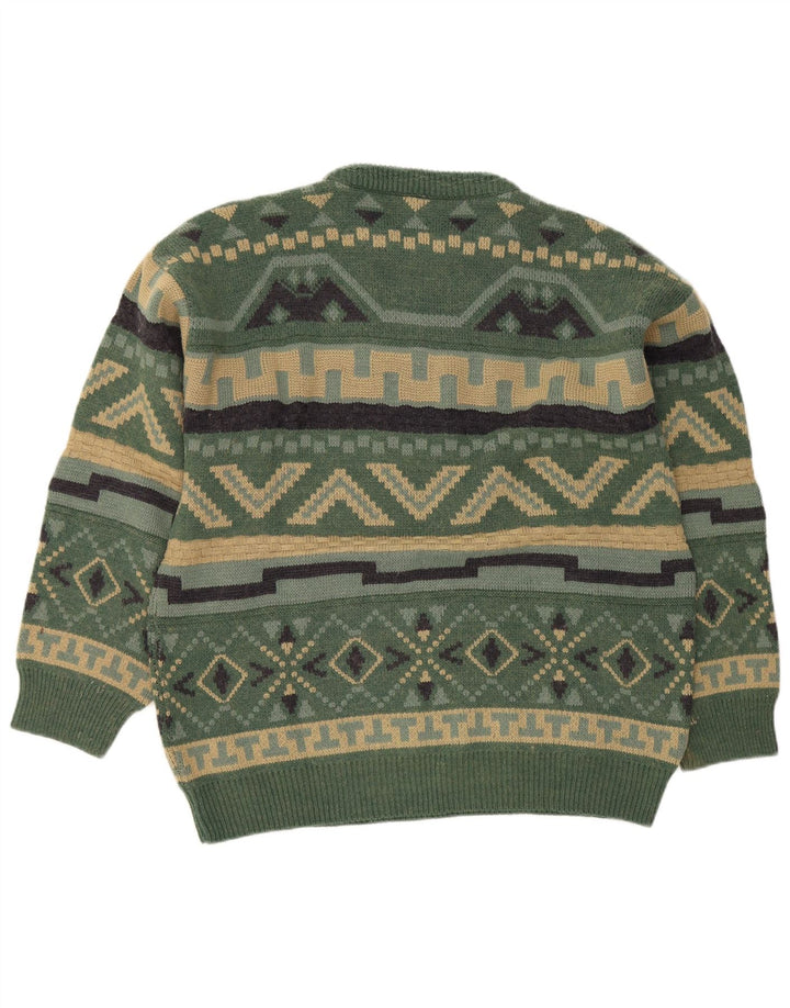 Vintage Mens Crew Neck Jumper Sweater Large Green Geometric
