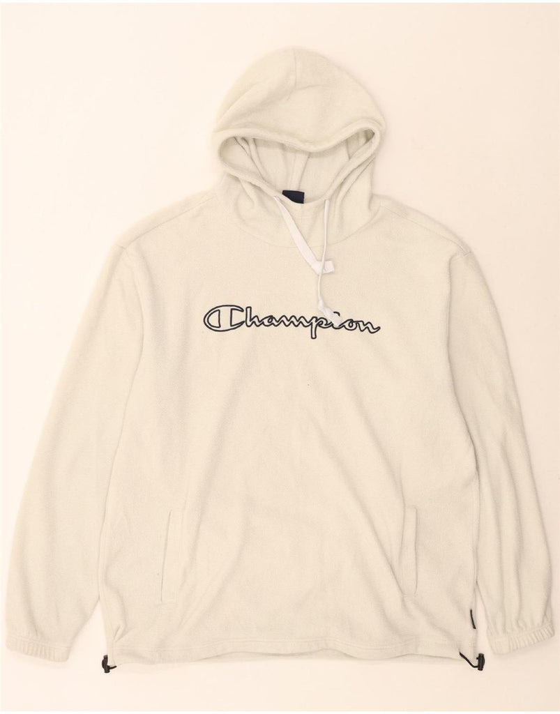 CHAMPION Mens Graphic Hooded Fleece Jumper XL Off White Polyester Vintage Champion and Second-Hand Champion from Messina Hembry 
