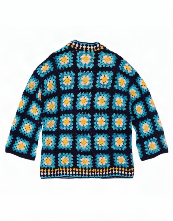 Vintage Womens Crochet Cardigan Sweater UK 14 Large Blue Floral
