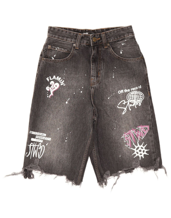 Vintage Womens Graphic High Waist Denim Shorts W28 Medium Grey Cotton