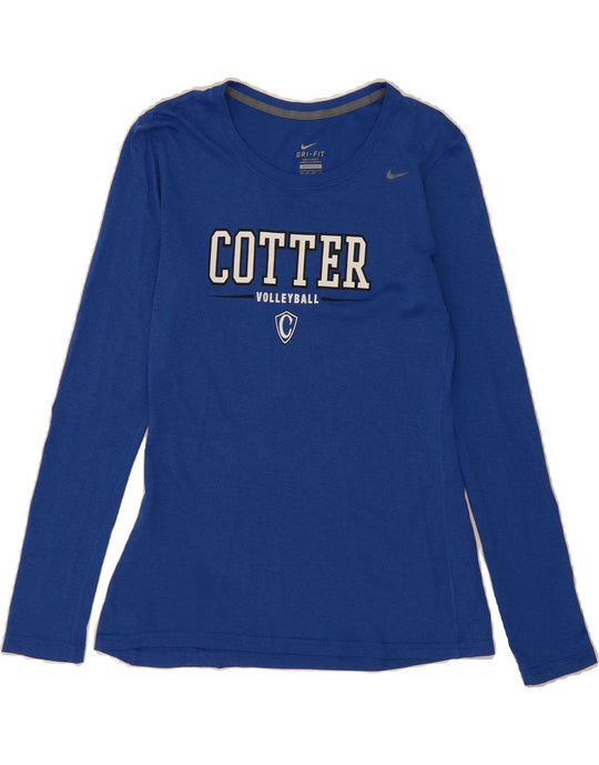 NIKE Womens Dri Fit Graphic Top Long Sleeve UK XS Blue Polyester