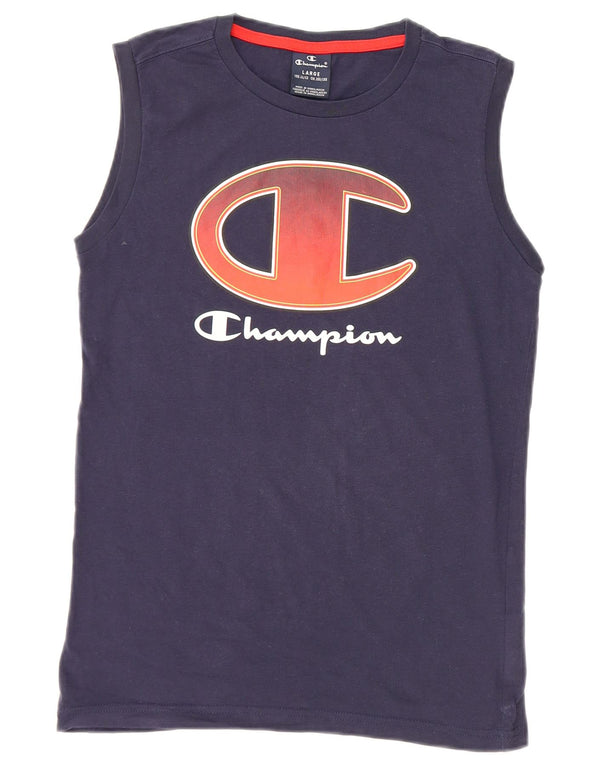 CHAMPION Boys Graphic Vest Top 11-12 Years Large Navy Blue Cotton