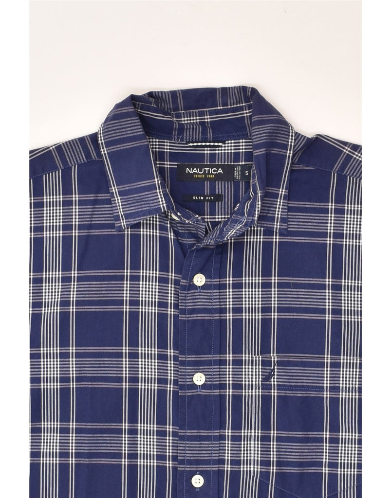 NAUTICA Mens Short Sleeve Slim Fit Shirt Small Navy Blue Check Cotton | Vintage Nautica | Thrift | Second-Hand Nautica | Used Clothing | Messina Hembry 