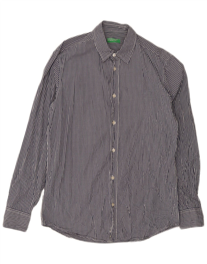Benetton Mens Shirt Medium Blue Gingham Cotton