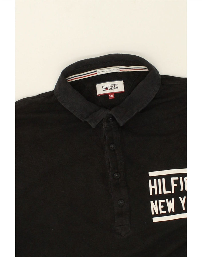 TOMMY HILFIGER Mens Graphic Long Sleeve Polo Shirt 2XL Black Cotton | Vintage Tommy Hilfiger | Thrift | Second-Hand Tommy Hilfiger | Used Clothing | Messina Hembry 